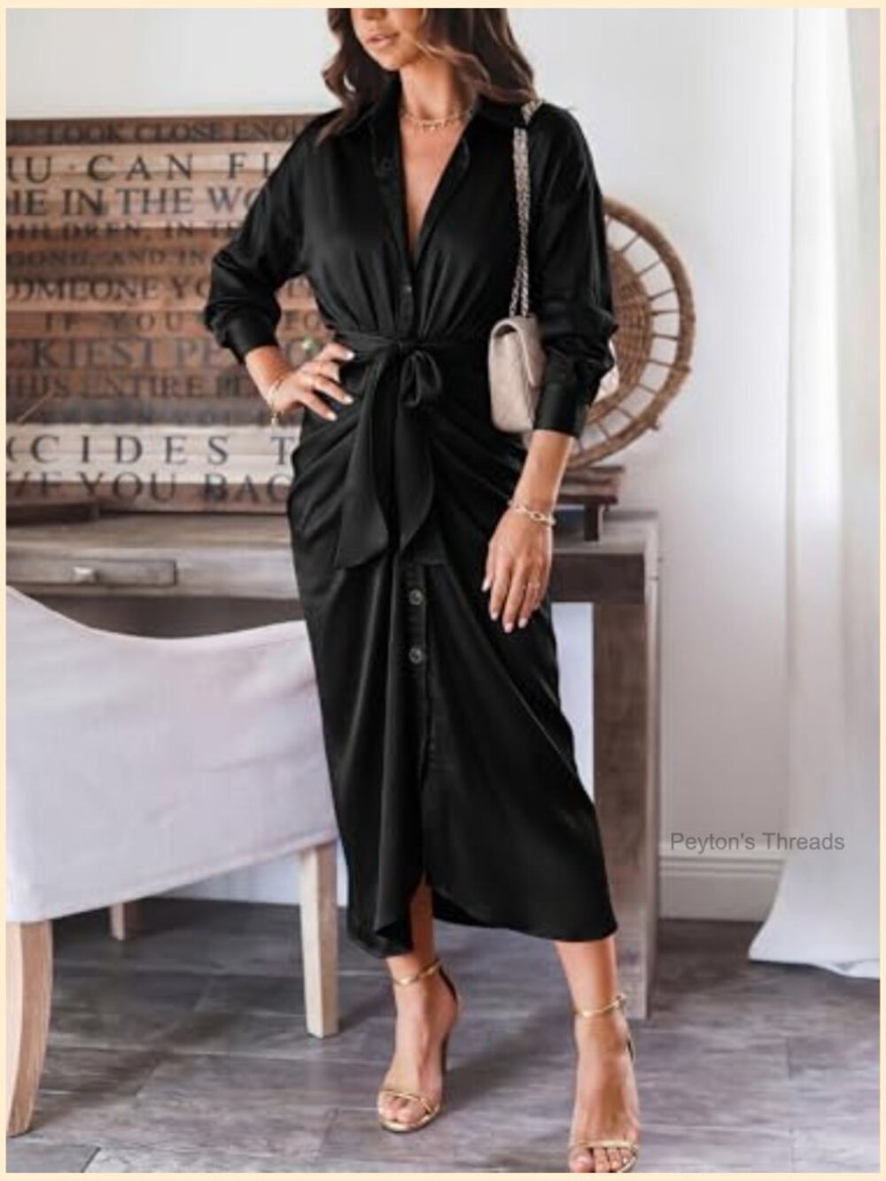 Long Sleeve V Neck Button Down Belted Ruched Satin Maxi Shirt Dress - Picture 3 of 7